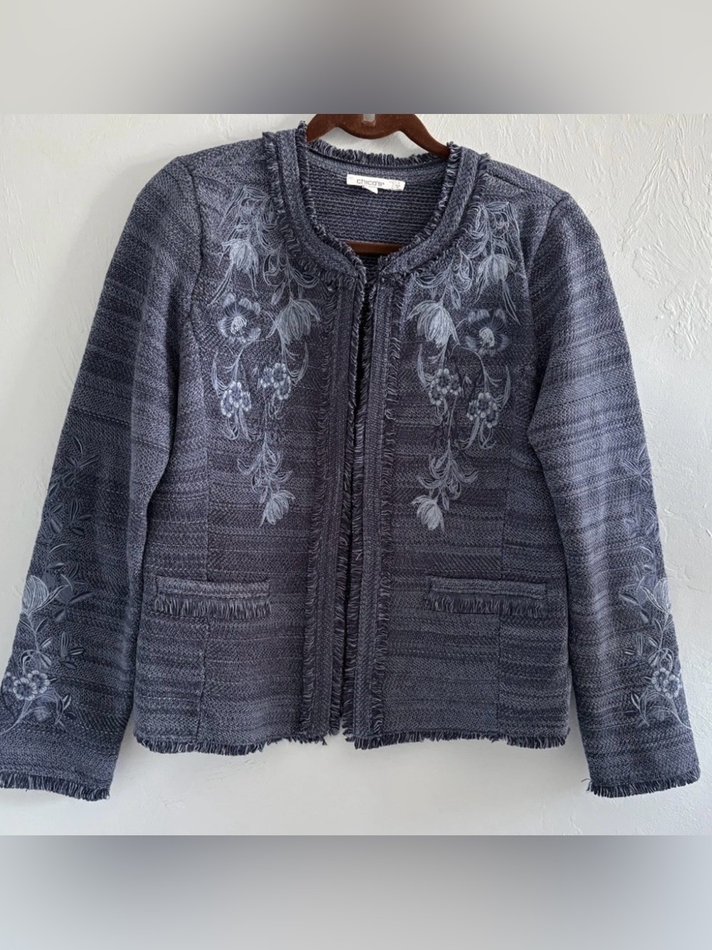Chico's Charcoal Gray Embroidered Open-Front Cardigan Jacket